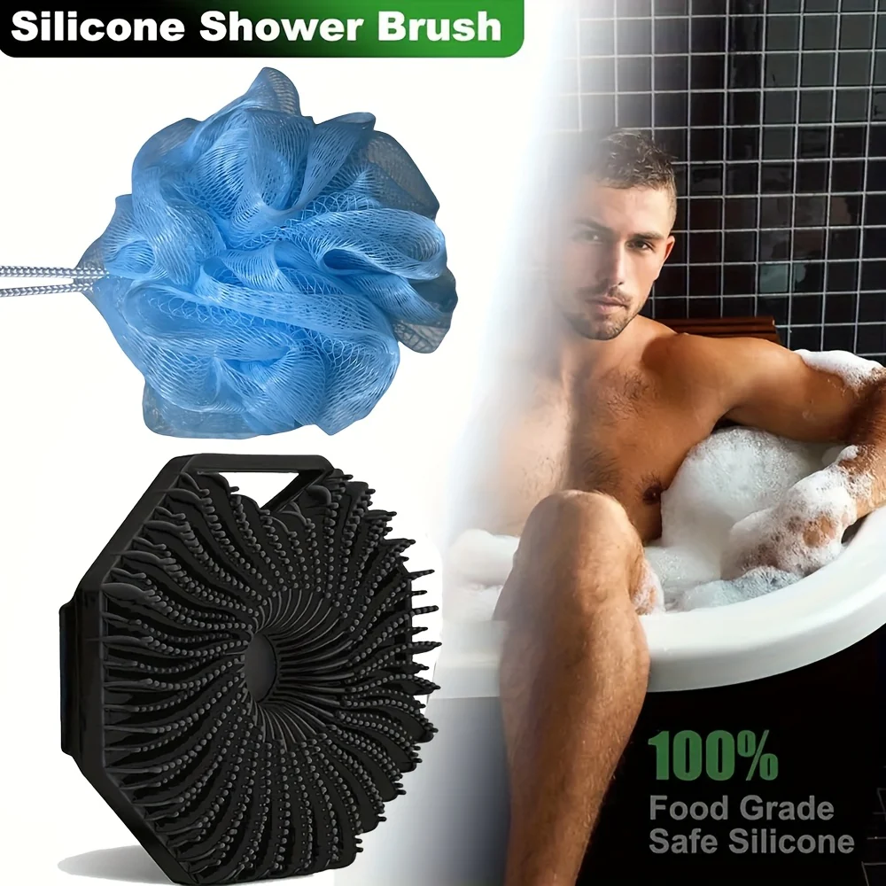 (4 Pieces)  Combination Package - Antibacterial Silicone Body Scrub And Bathroom Mesh Bag Foam Ball Set, Exfoliating Body Scrub, Suitable for Sensitive Light Beige, Bath Scrub, Suitable for Body Silicone Bath Brush